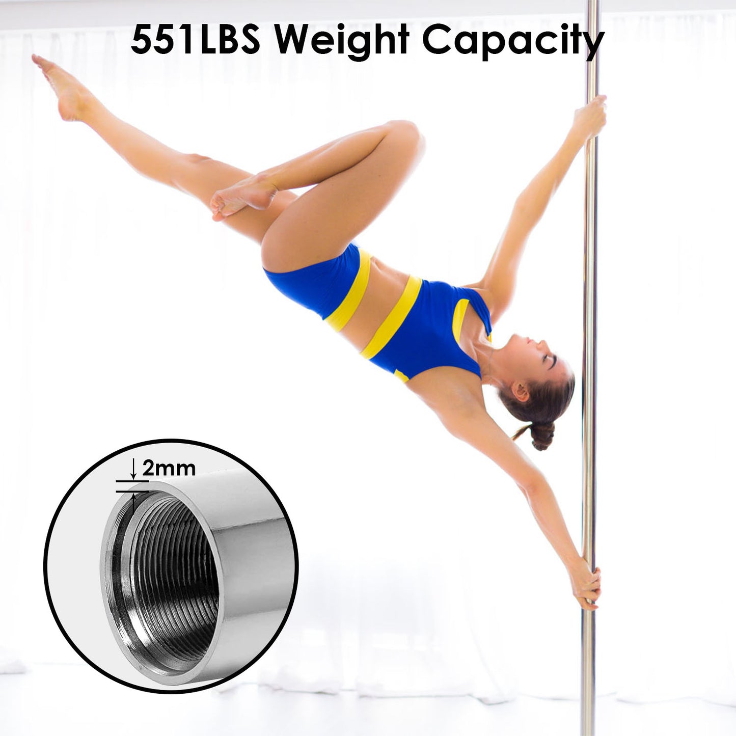 1Pc Stripper Dance Pole 45mm Spinning Static Dancing Pole With 88-108.1in Adjustable Height 551LBS Weight Capacity For Fitness Exercise Party Home Club Gym