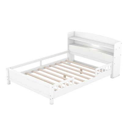 Wood Full Size Platform Bed With Built-in LED Light, Storage Headboard And Guardrail, White