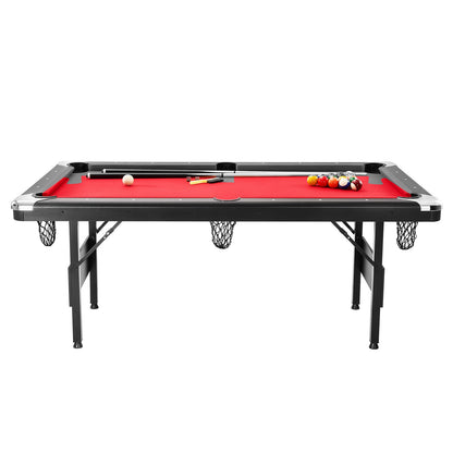 Billiards Table, 192 Cm Pool Table, Portable Foldable Space-Saving Table, Billiard Table Set Includes Balls, Cues, Chalks And Brush, Black With Red Cloth, Perfect For Family Game Room Kid Adult
