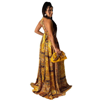 New Sleeveless Printed Halter Split Dress
