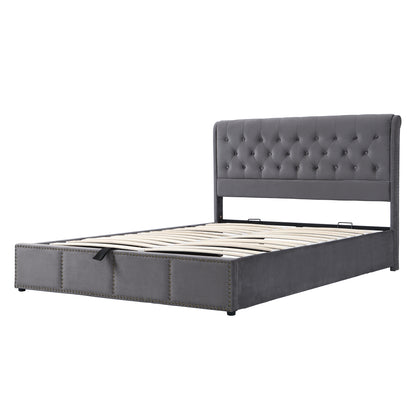 Upholstered Bed,King Size Bed-5ft 150x200cm,with Hydraulic Lever, Functional Storage Bed, Rivet Decoration, Without Mattress, Velvet, Grey