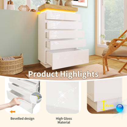 Chest Of Drawers,High-gloss Sideboard Cabinet With 6 Drawers,Storage With RGB LED App-controlled,Multi-purpose Cabinet For Living Room And Bedroom, 115 X 73 X 39 Cm, White