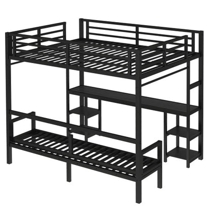 Queen Over Twin XL Metal Bunk Bed Loft Bed With Desk And Shelves, Multiple Uses Folds Into Sofa With LED And USB, Black
