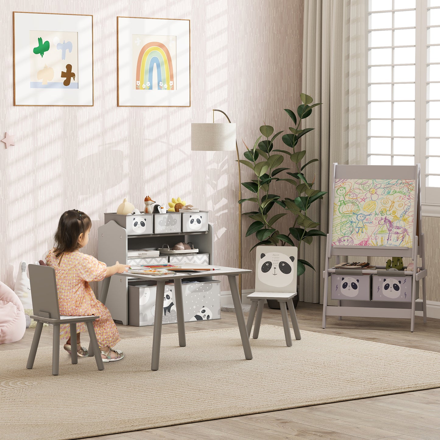 ZONEKIZ Kids Table And Chairs, Kids Storage Unit And Kids Easel Set, Cute Animal Design Kids Activity Furniture Set For Ages 3-8 Years, Grey