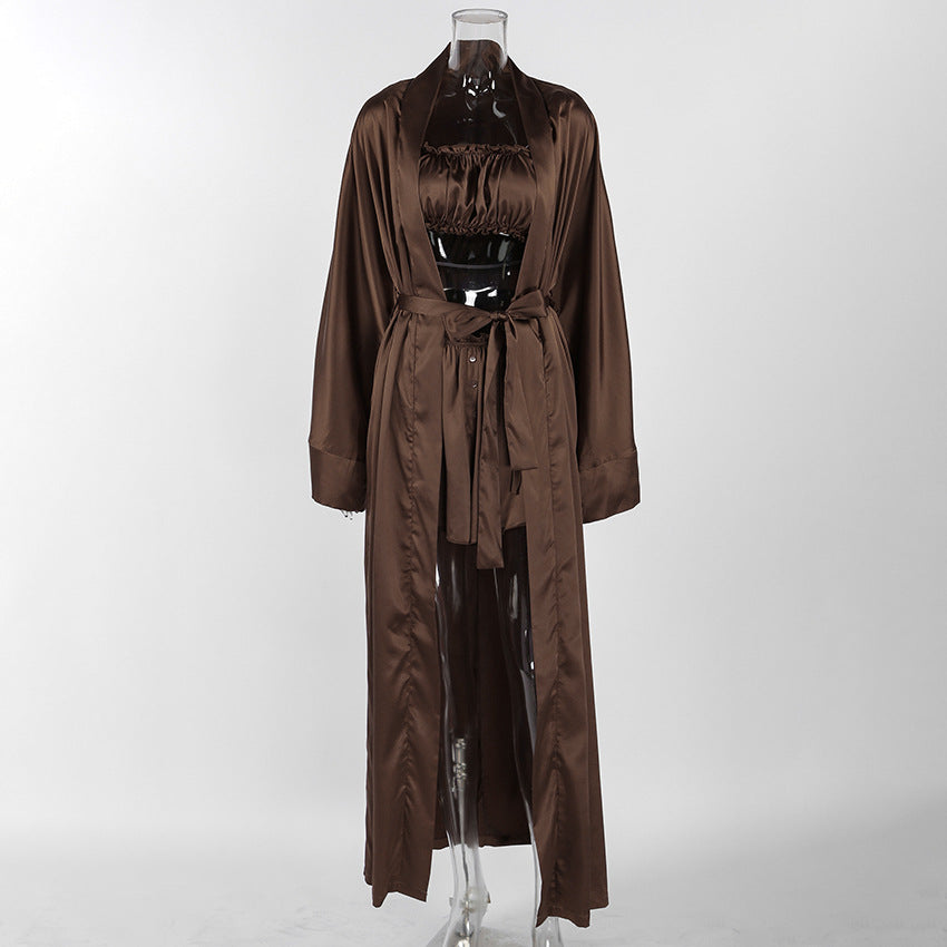 Satin Crop Top Shorts And Robe Three-piece Set
