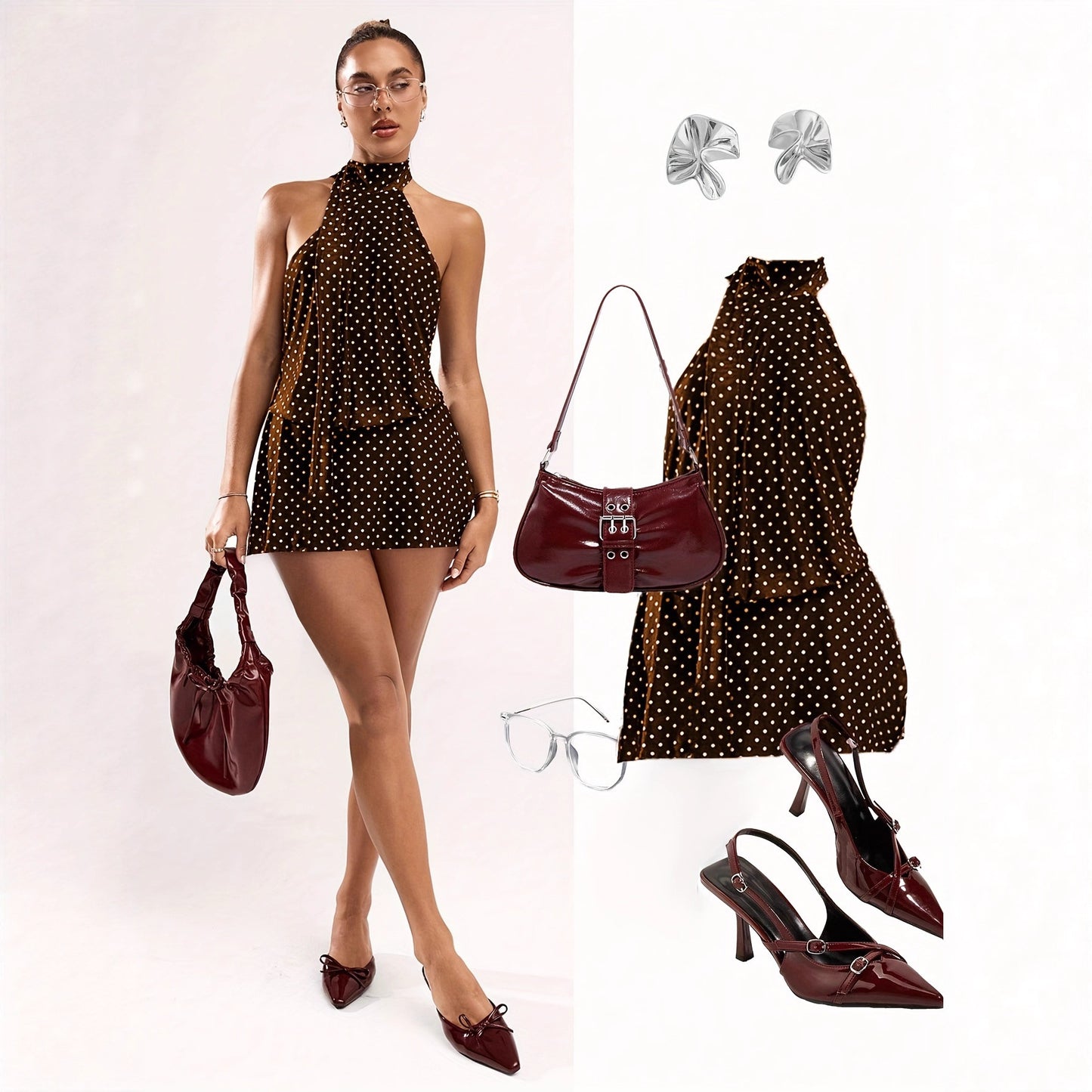 Womens Sexy Polka-Dot Printed Halterneck Mini Dress