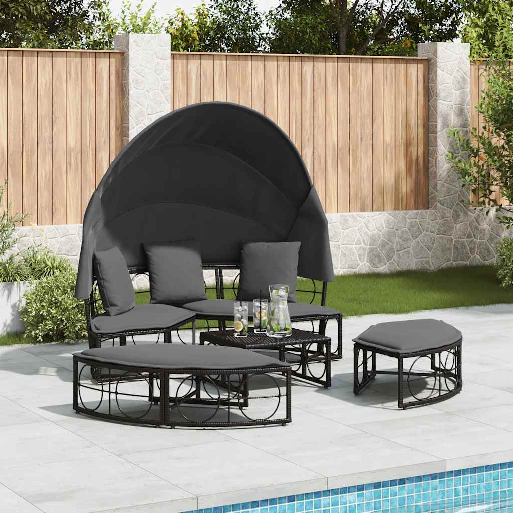 Outdoor Lounge Bed with Canopy and Cushions, Poly Rattan