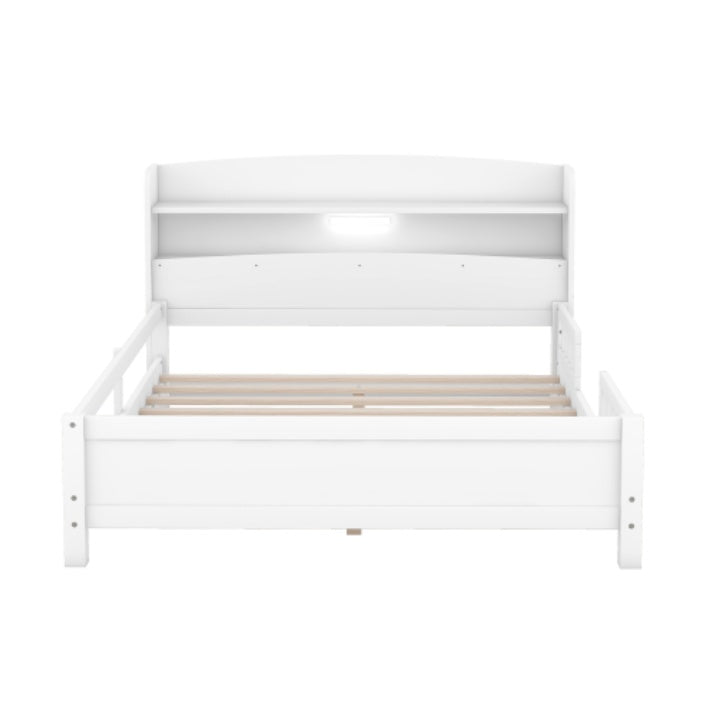 Wood Full Size Platform Bed With Built-in LED Light, Storage Headboard And Guardrail, White