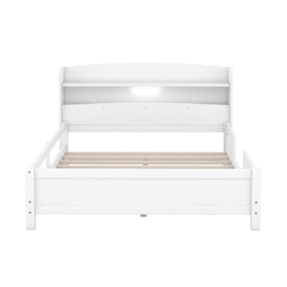 Wood Full Size Platform Bed With Built-in LED Light, Storage Headboard And Guardrail, White