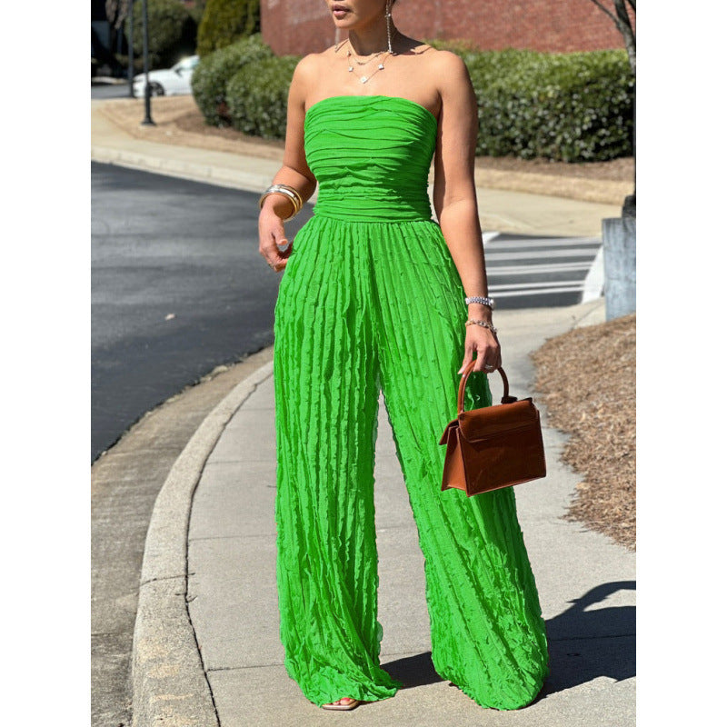 Womens Solid-Color Strapless Sleeveless Wide-Leg Casual Jumpsuit