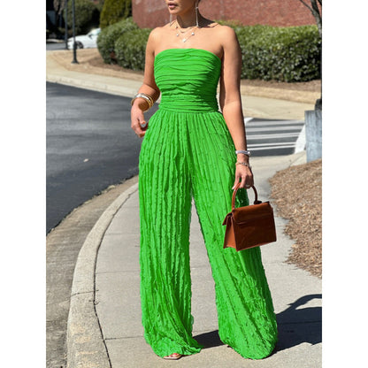 Womens Solid-Color Strapless Sleeveless Wide-Leg Casual Jumpsuit