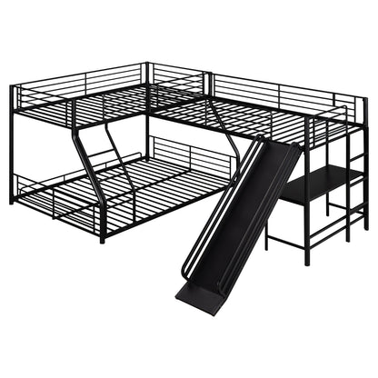 L-Shaped Twin Full Bunk Bed With Loft, Desk  Slide, Black