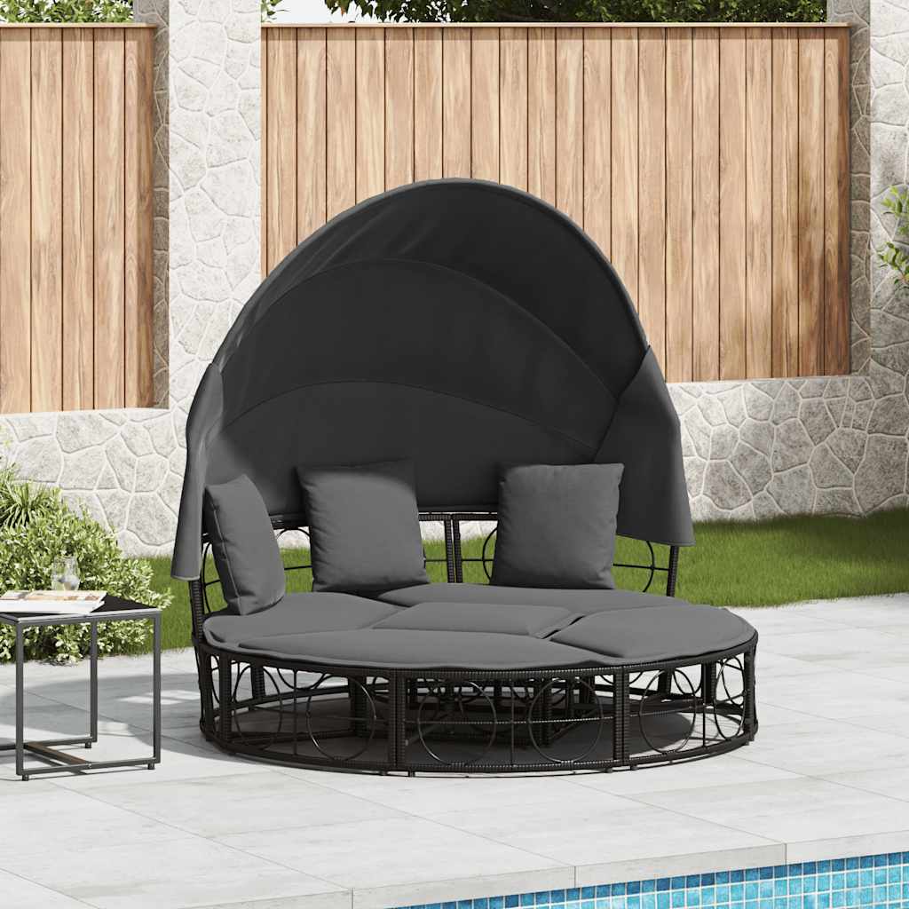 Outdoor Lounge Bed with Canopy and Cushions, Poly Rattan