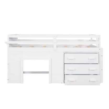 Twin Size Loft Bed With Cabinet And Shelf - White