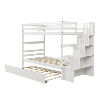 Twin Bunk Beds With Trundle & Stairway Storage In White