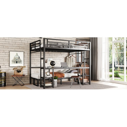 Queen Over Twin XL Metal Bunk Bed Loft Bed With Desk And Shelves, Multiple Uses Folds Into Sofa With LED And USB, Black