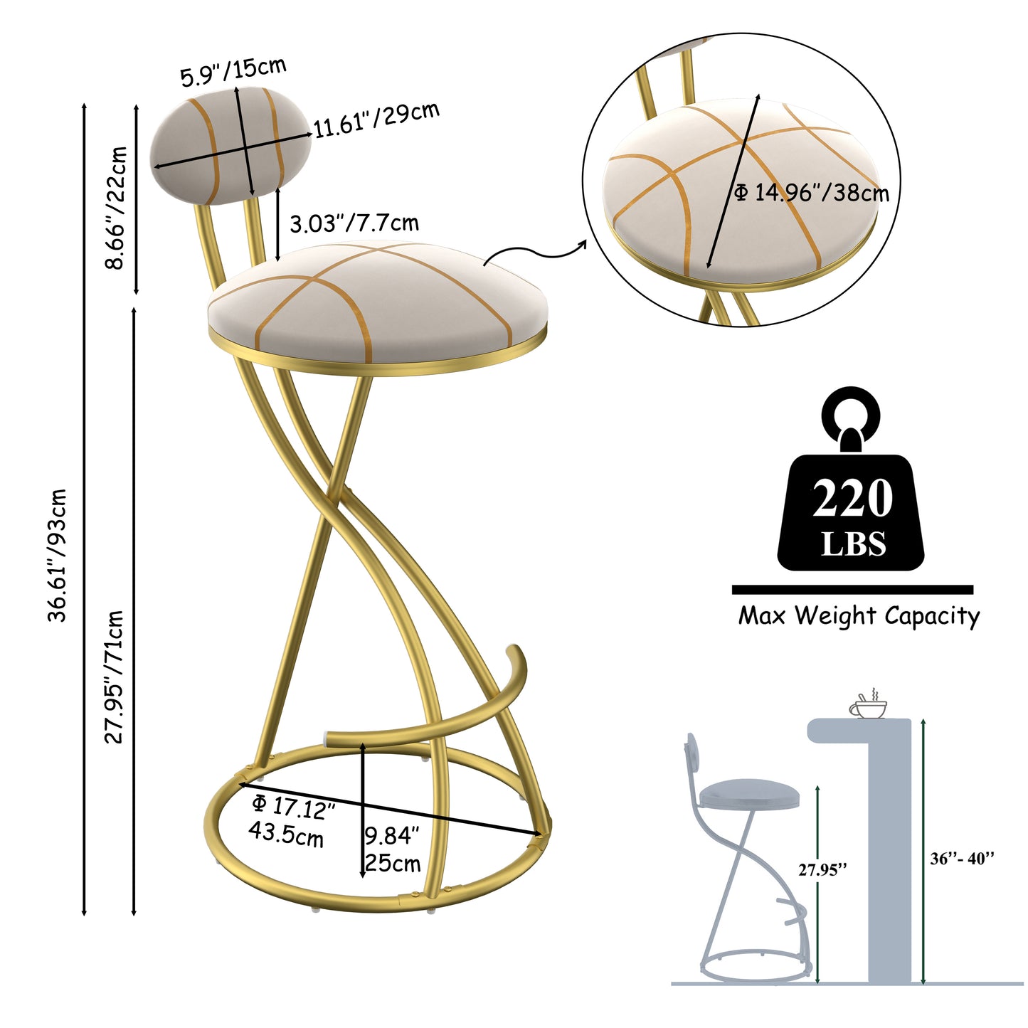 Round Bar Stools S-shaped Stripe Kitchen Stool Set Of 2 Modern Velvet Upholstered Counter Chair For Dining Room Gold  Stripe