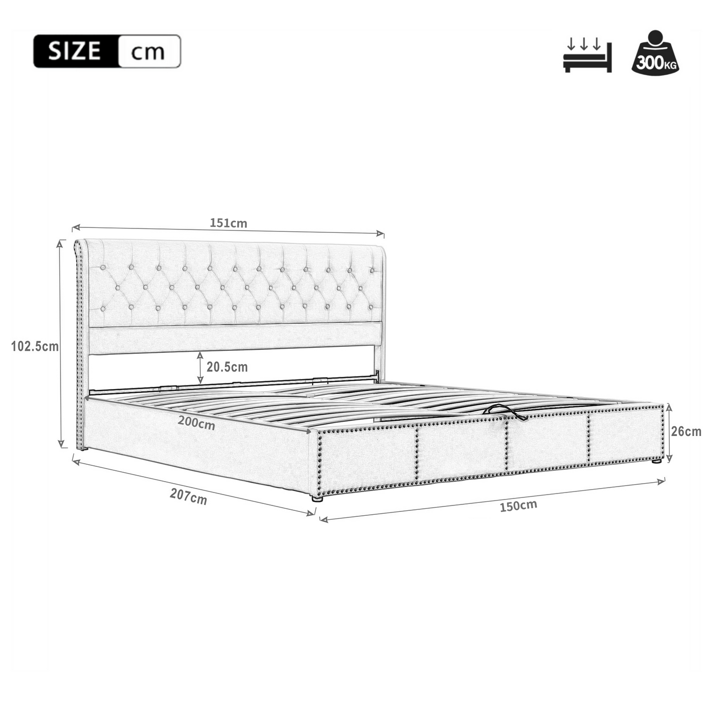 Upholstered Bed,King Size Bed-5ft 150x200cm,with Hydraulic Lever, Functional Storage Bed, Rivet Decoration, Without Mattress, Velvet, Grey