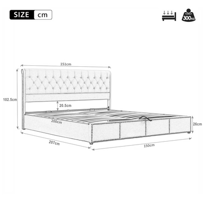 Upholstered Bed,King Size Bed-5ft 150x200cm,with Hydraulic Lever, Functional Storage Bed, Rivet Decoration, Without Mattress, Velvet, Grey