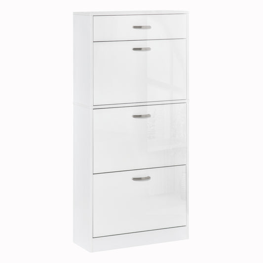 Shoe Cabinet With 3 Flip Drawers, High Gloss Shoe Storage Cabinet With Top Drawer And Adjustable Shelves, Shoe Cupboard For 18 Pairs, White