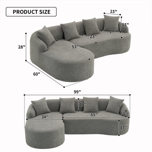 LY-022 GREY COMPRESSION SOFA Combining Chaise Longue With 3-seater, Wood Grain Chenille Fabric, Full Sponge Compression Sofa,combined Sofa With 4 Pillows For Living Home Furniture Apartment