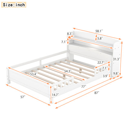 Wood Full Size Platform Bed With Built-in LED Light, Storage Headboard And Guardrail, White