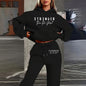 Women's Solid 2-Piece Set Letter Print Hoodie With Pocket & Drawstring Jogger Pants Casual Tracksuit