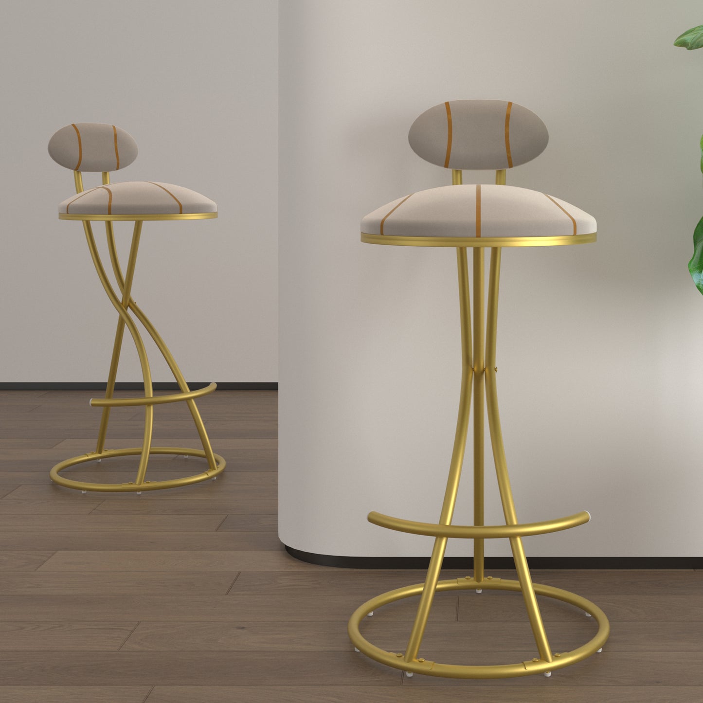 Round Bar Stools S-shaped Stripe Kitchen Stool Set Of 2 Modern Velvet Upholstered Counter Chair For Dining Room Gold  Stripe