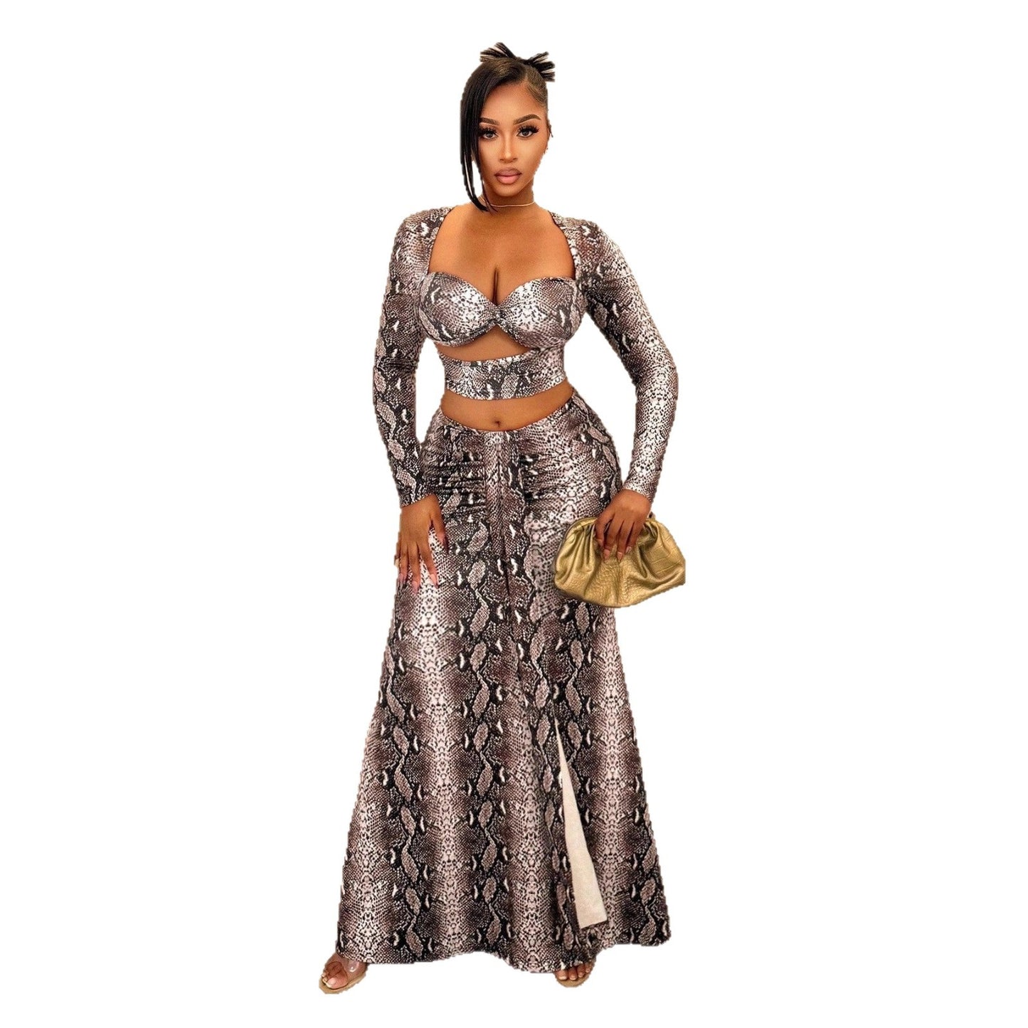Fashionable And Sexy Printed Snake-pattern Long-sleeve Top And Maxi Skirt Set