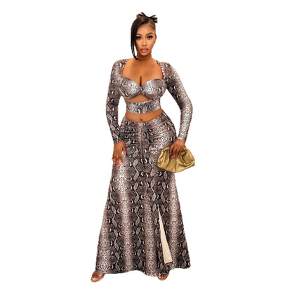 Fashionable And Sexy Printed Snake-pattern Long-sleeve Top And Maxi Skirt Set