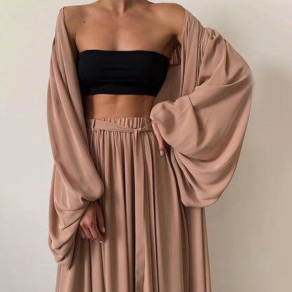 Women's Solid 3-Piece Set Lantern Sleeve Long Cardigan & Short Tube Top & Wide Leg Trousers With Drawstring Spring Summer Fashion Flowy Outfit