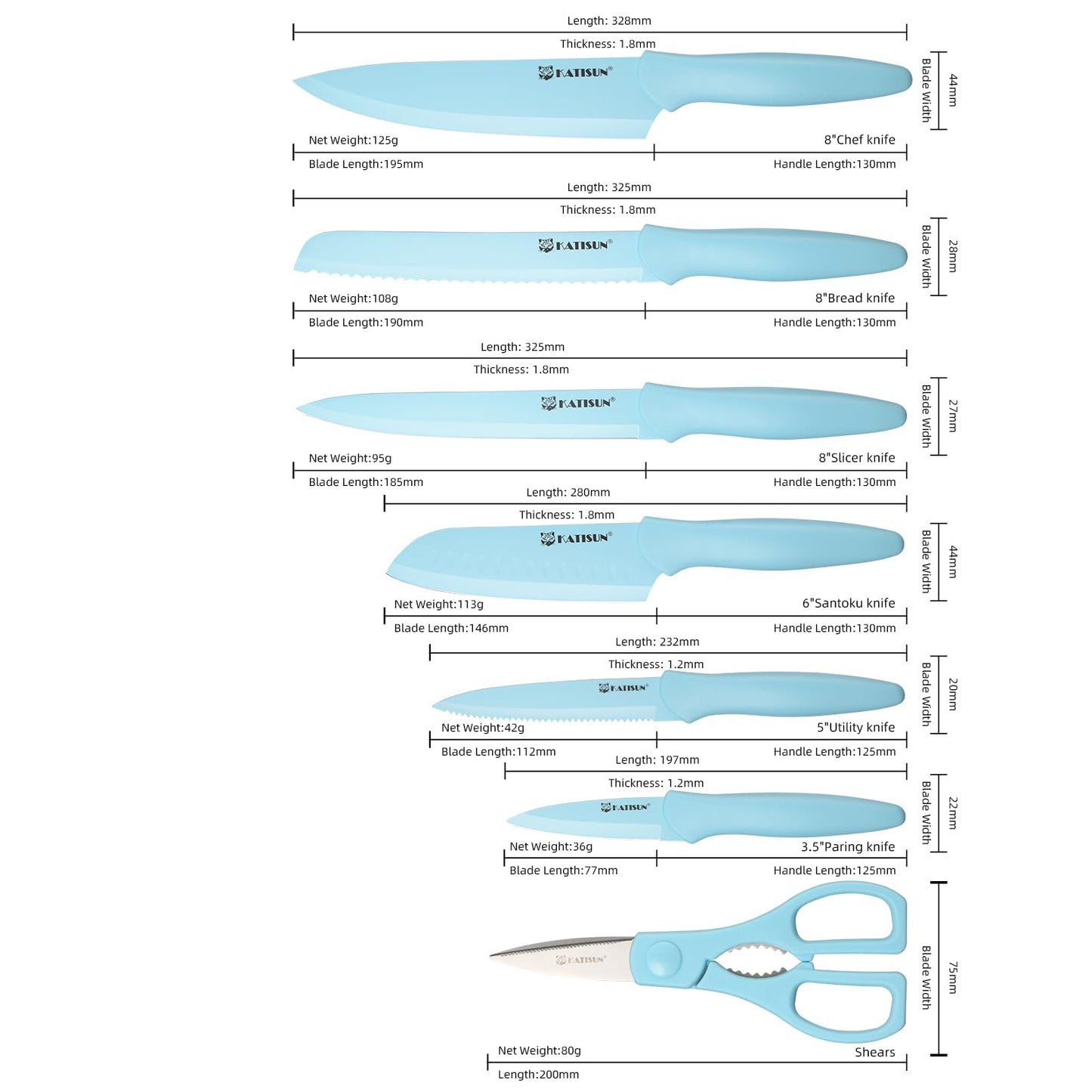 Kitchen Knife Set With Guards, 13 Piece Blue Non-Stick Stainless Steel Boxed Knives Set, Anti-Rust And Dishwasher Safe, 6 Knives With 6 Blade Covers And Kitchen Shears