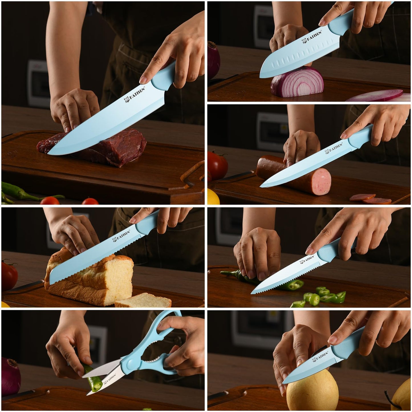Kitchen Knife Set With Guards, 13 Piece Blue Non-Stick Stainless Steel Boxed Knives Set, Anti-Rust And Dishwasher Safe, 6 Knives With 6 Blade Covers And Kitchen Shears