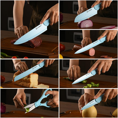 Kitchen Knife Set With Guards, 13 Piece Blue Non-Stick Stainless Steel Boxed Knives Set, Anti-Rust And Dishwasher Safe, 6 Knives With 6 Blade Covers And Kitchen Shears