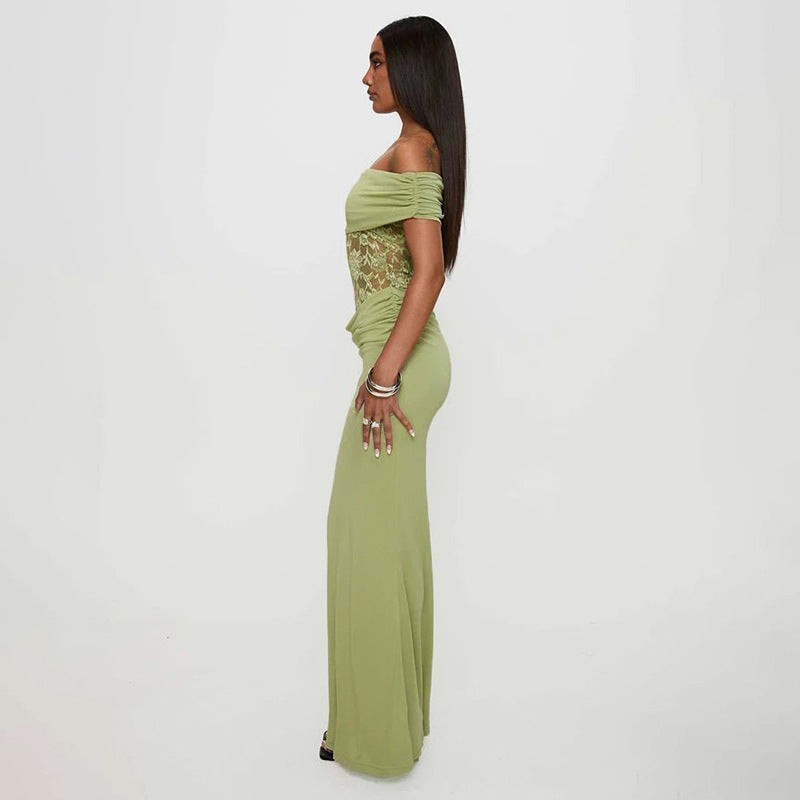 Women's Solid Color Off-the-shoulder Stitching Lace Extra Long Dress