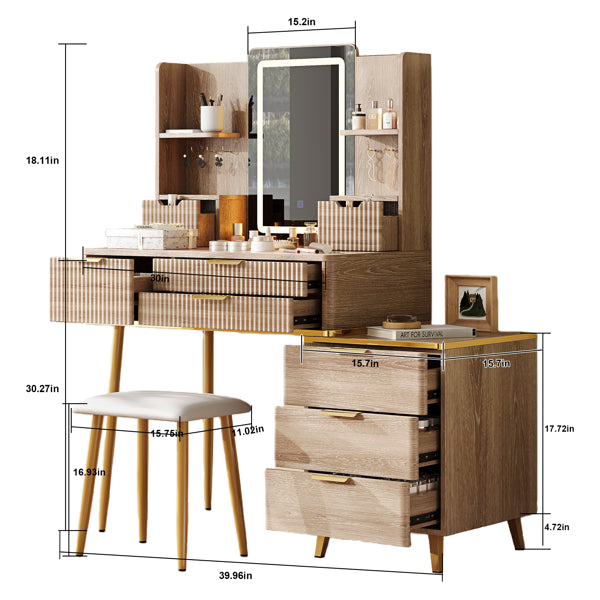 7-Drawer Vanity Desk With LED Mirror & Carved Details, Fluted Makeup Table With Metal Legs And PU Stool, Carved Dressing Table With Jewelry Storage For Bedroom