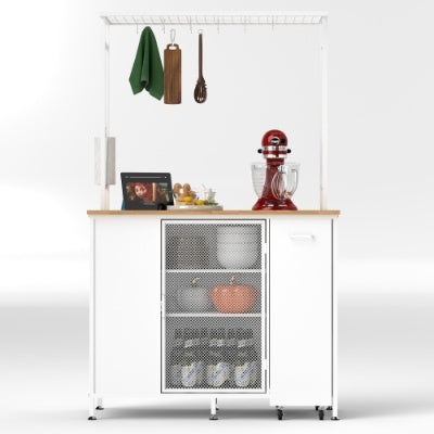 Kitchen Island With Storage Space, Breakfast Bar With Folding Flip-Up Panel, Large Storage Cabinet Shelves And Drawers, Large Coffee Bar Table With Hooks, White