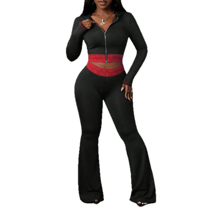 Fashionable Solid-Color Patchwork Lace Casual Jacket And Pants Set