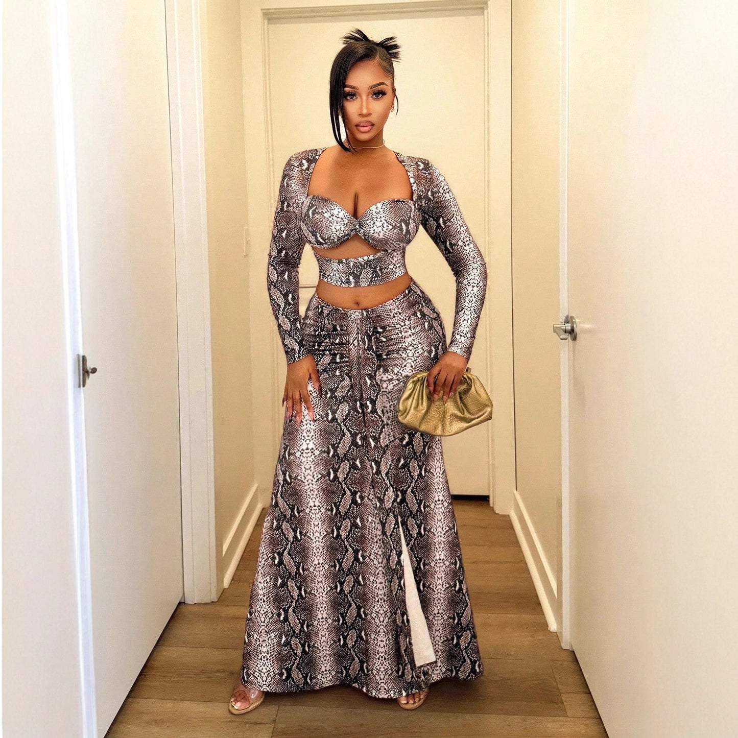 Fashionable And Sexy Printed Snake-pattern Long-sleeve Top And Maxi Skirt Set