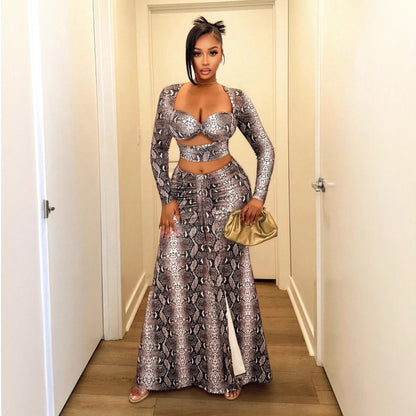 Fashionable And Sexy Printed Snake-pattern Long-sleeve Top And Maxi Skirt Set
