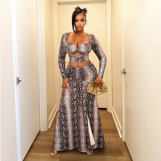 Fashionable And Sexy Printed Snake-pattern Long-sleeve Top And Maxi Skirt Set
