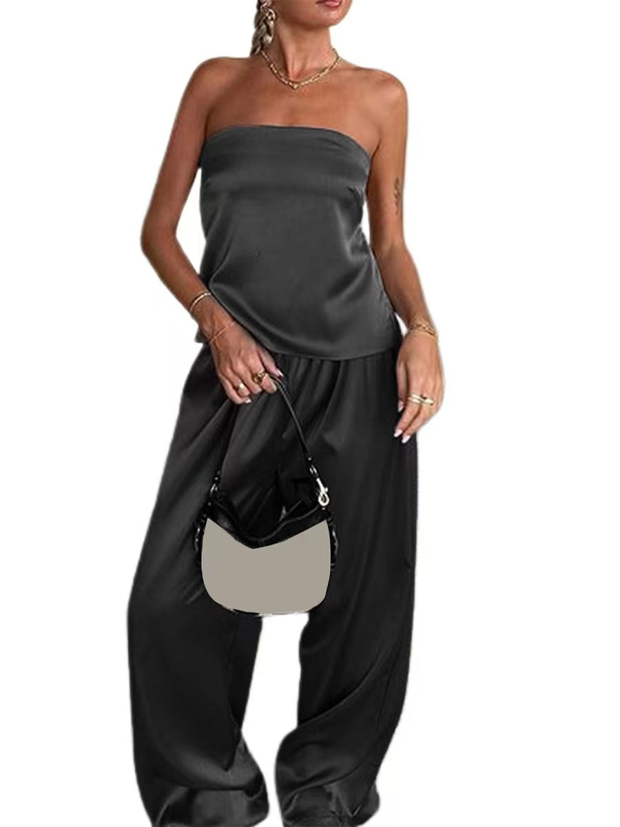 Urban Leisure Solid Color Fashion Graceful Tube Top Satin Suit