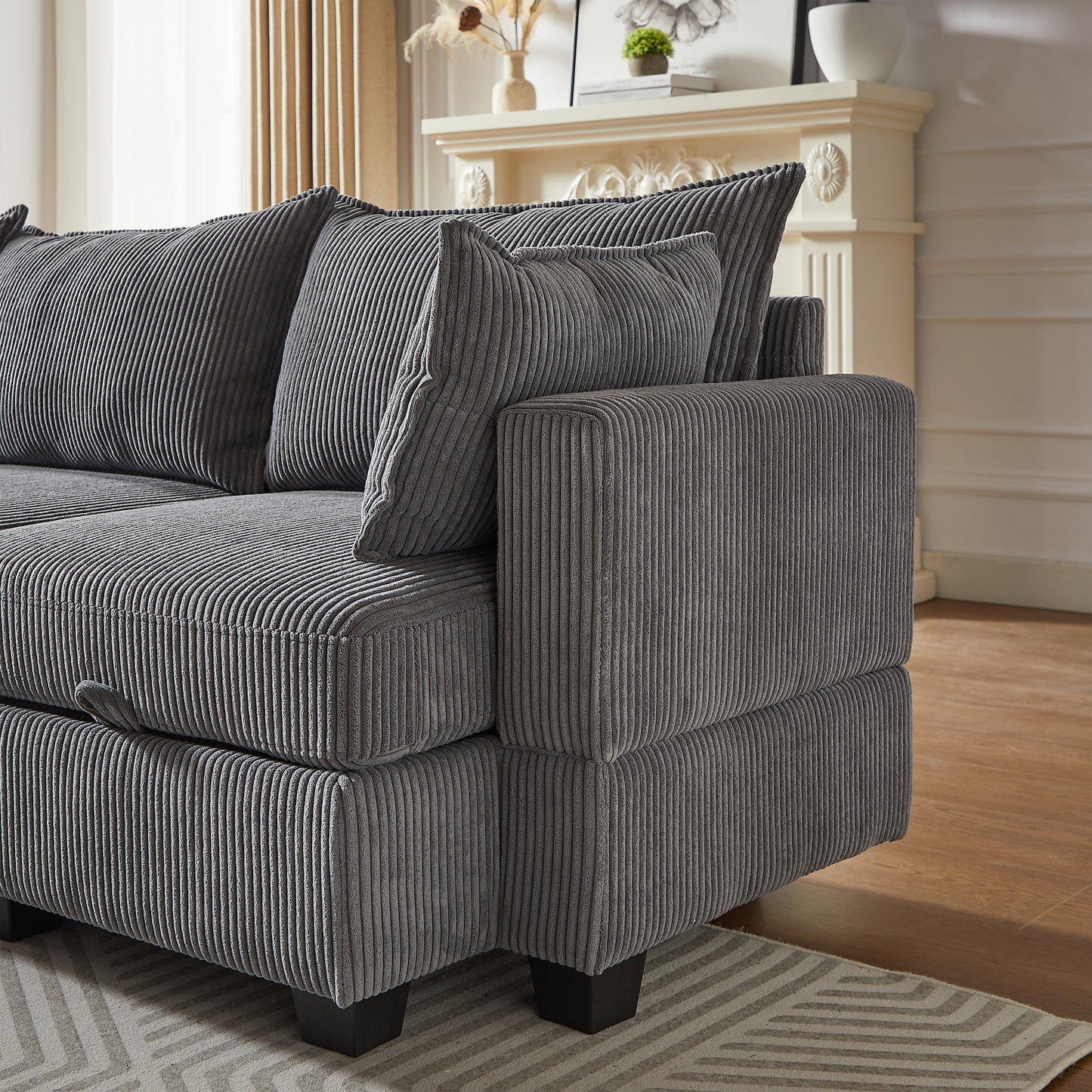 113.5' Modular Sectiona Corduroy Sofa, Sectional Couches For Living Room U Shaped Sectional Couch With Storage Ottoman, 6 Seats Convertible Sectionals With Chaise