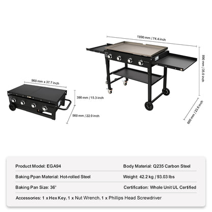 Commercial Griddle On Cart, 36' Heavy Duty Manual Flat Top Griddle, Outdoor Cooking Station With Side Shelves, Steel Natural Gas Griddle, 4-Burners Restaurant Portable Tested ToStandards