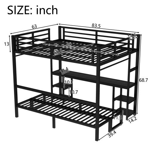 Queen Over Twin XL Metal Bunk Bed Loft Bed With Desk And Shelves, Multiple Uses Folds Into Sofa With LED And USB, Black