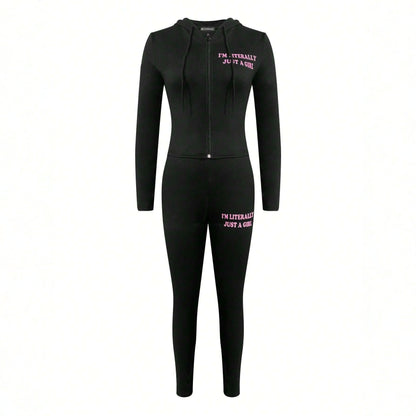 Women's Sporty Letter-Print Long-Sleeve Pants Set