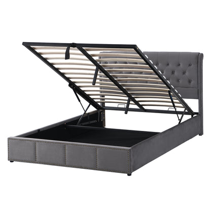 Upholstered Bed,King Size Bed-5ft 150x200cm,with Hydraulic Lever, Functional Storage Bed, Rivet Decoration, Without Mattress, Velvet, Grey