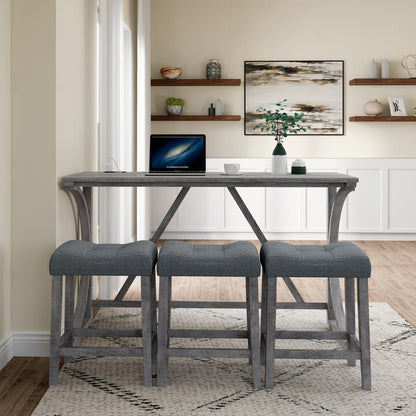 Bar Table Set With Power Outlet, Bar Table And Chairs Set, 4 Piece Dining Table Set, Industrial Brea