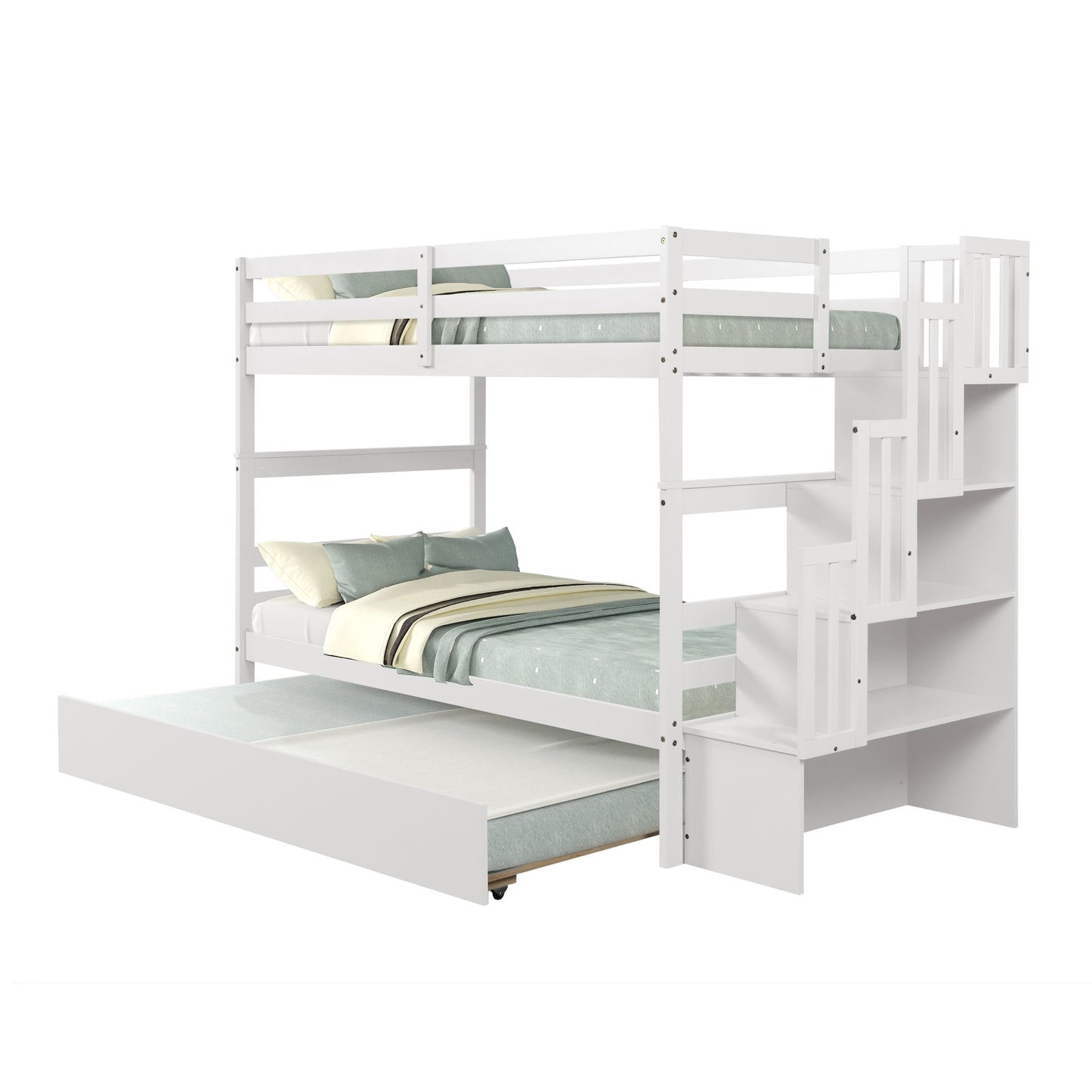 Twin Bunk Beds With Trundle & Stairway Storage In White