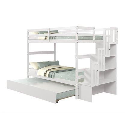 Twin Bunk Beds With Trundle & Stairway Storage In White